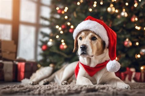 Premium AI Image | xmas theme Dog wearing a Santa hat with Christmas decorations in the background