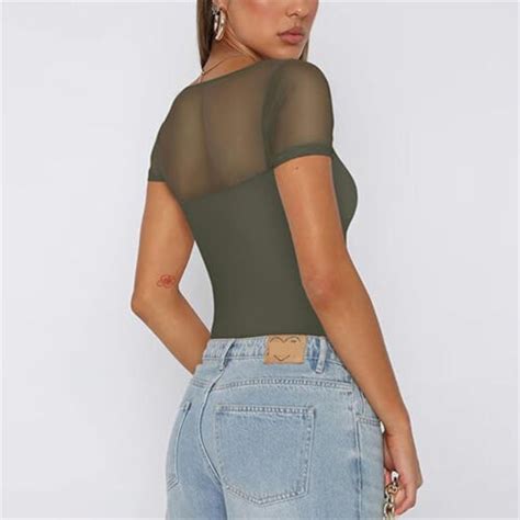 Women S Sexy Square Neck Short Sleeve Sheer Mesh Slimming Bodysuits