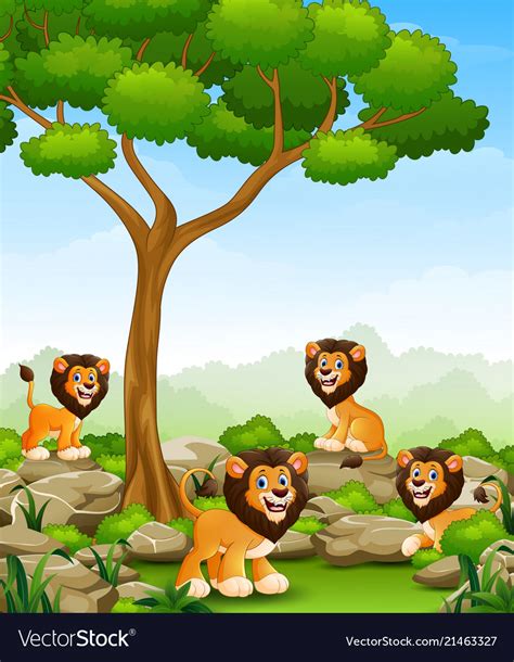 Cartoon lions group in the jungle Royalty Free Vector Image