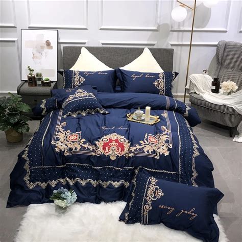 Hot Luxury Royal Blue 100S Egyptian Cotton Embroidery Bedding Sets