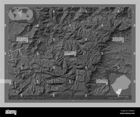 Quthing District Of Lesotho Grayscale Elevation Map With Lakes And