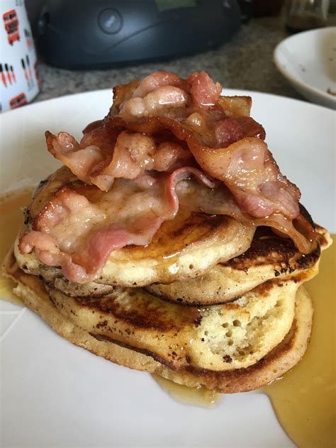 Oc Saturday Breakfast American Style Pancakes Streaky Smoked Bacon And Maple Syrup Food