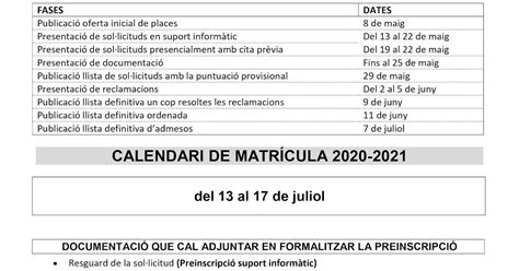 Blog Ampa Eugeni D Ors Calendari De Preinscripcions ESO Curs 2020 2021