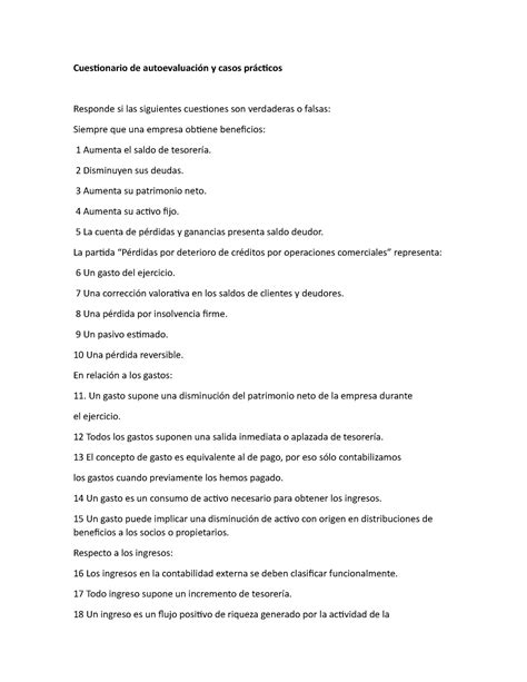 Cuestionario de autoevaluación y casos prácticos Cuestionario de