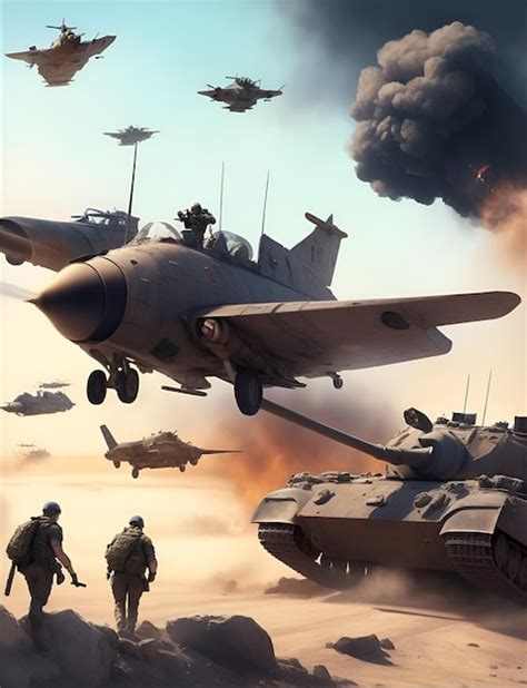 War background with tanks and fighter planes in sky | Premium AI ...