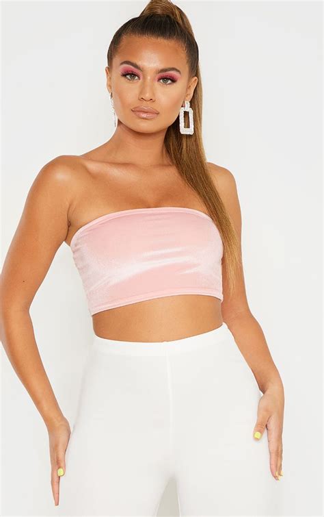 Light Pink Velvet Bandeau Crop Top Tops Prettylittlething Usa Bandeau Crop Top Printed