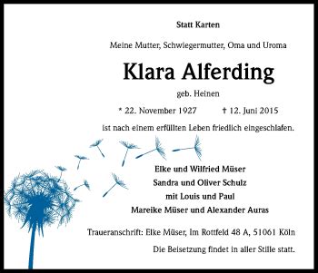 Traueranzeigen Von Klara Alferding Wirtrauern