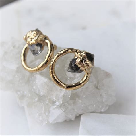 Herkimer Diamond Earrings Raw Crystal Earrings Rough Hoops Gold