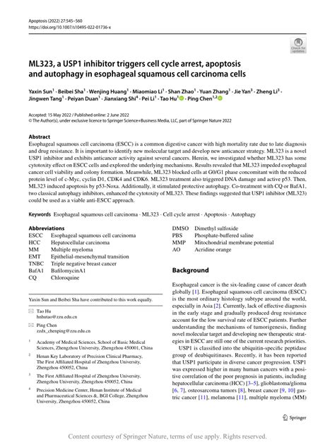 Ml323 A Usp1 Inhibitor Triggers Cell Cycle Arrest Apoptosis And