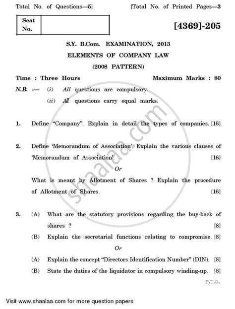 Elements Of Company Law 2012 2013 Bachelor Of Commerce Bcom 2nd Year