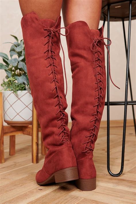 Breezy Mornings Thigh High Faux Suede Boots Dark Rust Faux Suede Boots Faux Suede Thigh