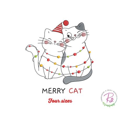 Merry Christmas Cat Machine Embroidery Embroidery Design Etsy