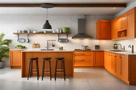 Premium AI Image A Kitchen With Orange Cabinets And A Stove Top Oven