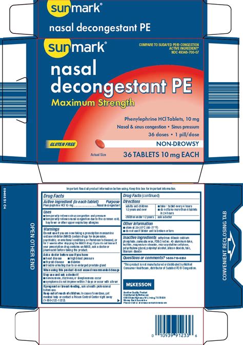 Ndc Sunmark Nasal Decongestant Pe Maximum Strength Tablet