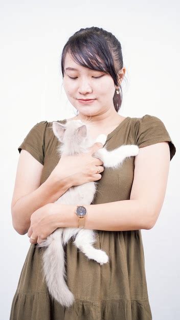 Premium Photo Asian Woman Holding Cat Laughing Isolated White Background