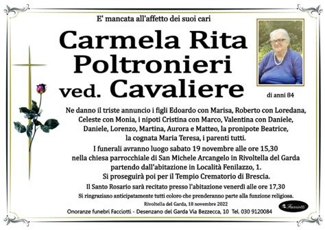 Carmela Rita Poltronieri Ved Cavaliere Onoranze Funebri Facciotti