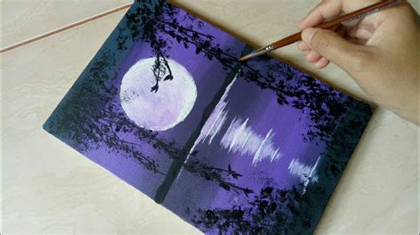 Full Moon With Purple Night Acrylic Painting For Beginner Youtube