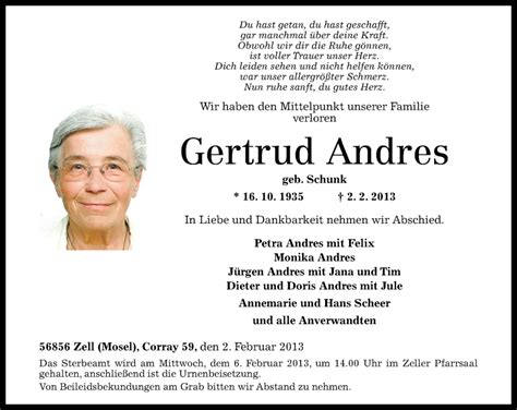 Traueranzeigen Von Gertrud Andres Rz Trauer De