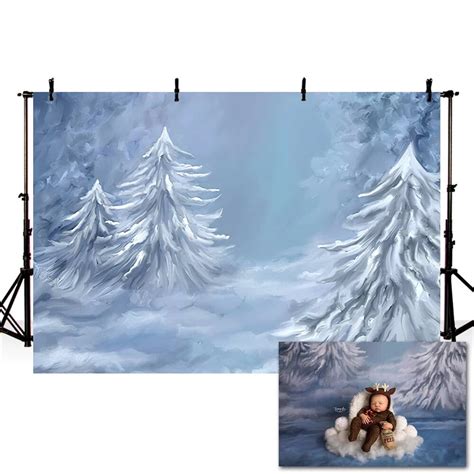 Mehofond Winter Forest Backdrop Painted Gray Tree Snow Christmas Baby