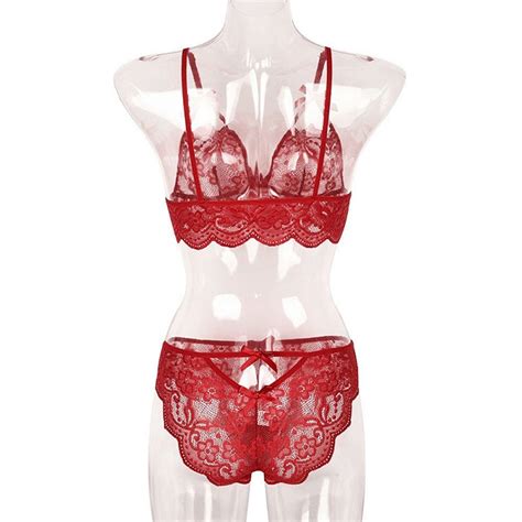 Sexy Wine Red Spaghetti Straps See Through Backless Lace Bra And Thong Lingerie Set N23162