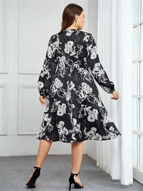 Shein Clasi Plus Floral Print Tie Neck Lantern Sleeve Dress Without