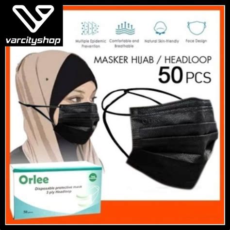 Jual Masker Headloop Hijab 3 Ply 3Ply Kemenkes ORLEE Full Black Isi 50