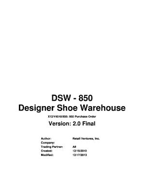 Fillable Online DSW 850 Designer Shoe Warehouse X12 V4010 850 850