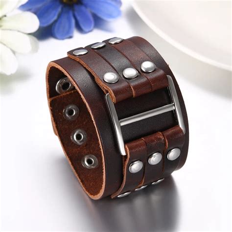 Men S Wide Alloy Genuine Leather Bracelet Bangle Cuff Brown Black