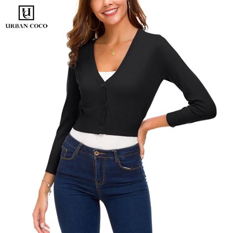 Urban Coco Womens Cropped Cardigan 3 4 Sleeve V Neck Button Down