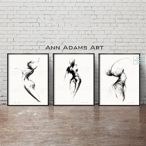 Set Of 3 Abstract Art Nude Charcoal Drawing Minimalist Sketch Wall Art