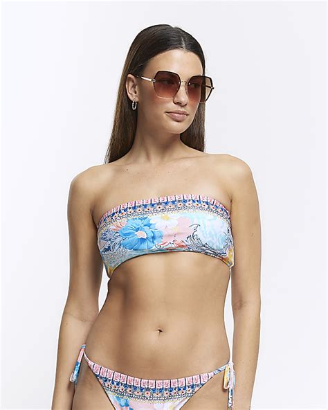 Blue Embellished Bandeau Bikini Top River Island