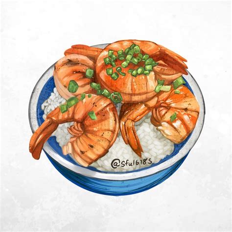 Instagram 上的 棋 Illustration 美食插畫：「 第一次用電繪畫食物 比想像中棘手啊😂 原圖是很美的蝦丼 有參考