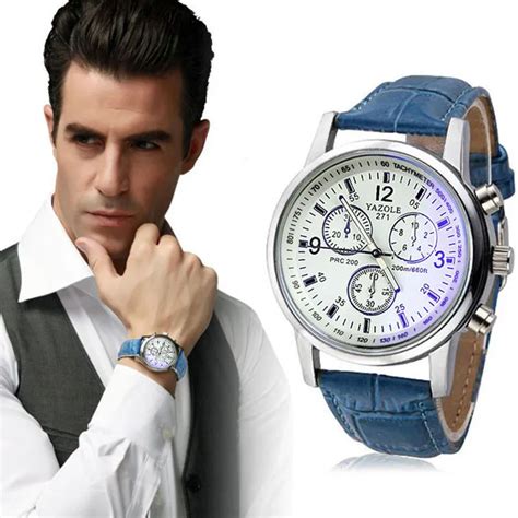 Mens Roman Numerals Blue Ray Glass Watches Men Luxury Leather Analog