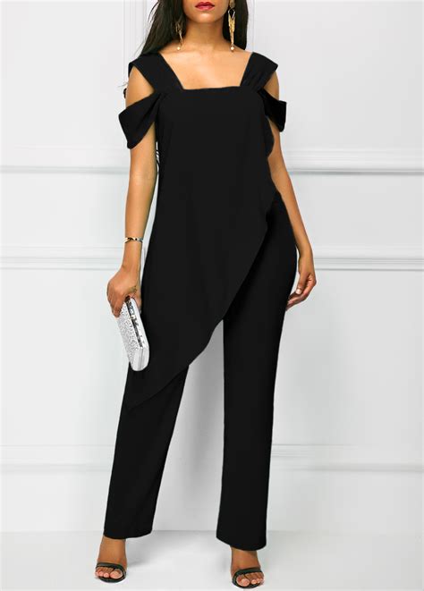 Wide Strap Black Open Back Overlay Jumpsuit Rosewe Usd