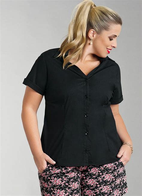 Camisa Feminina Plus Size Manga Curta Preto Marguerite