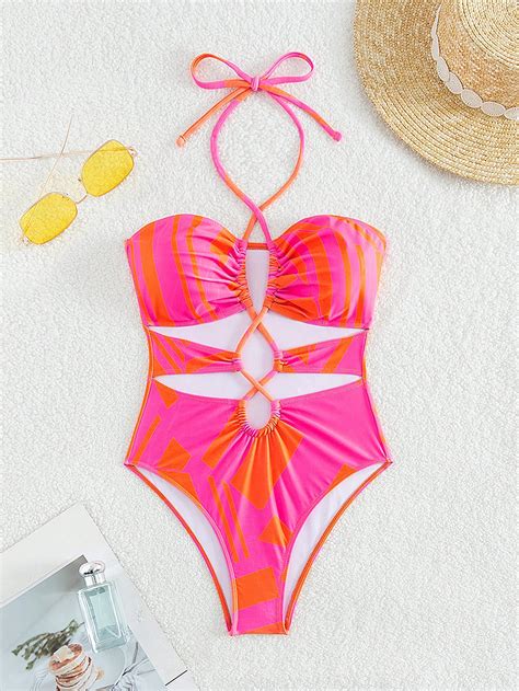 Shein Swim Bae Allover Print Cut Out Halter One Piece Swimsuit Shein Usa