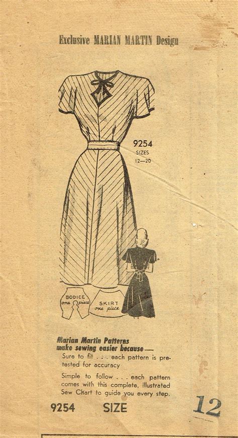 1940s Vintage Marian Martin Sewing Pattern 9254 Misses Wwii Dress 34 B Vintage4me2