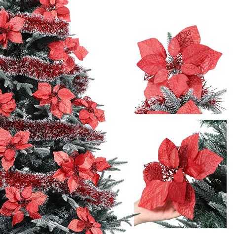 Pieces Christmas Glitter Poinsettia With Clips Christmas Poinsettia