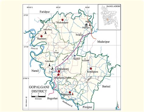 Map of Gopalganj district (Inset: map of Bangladesh showing Gopalganj ...