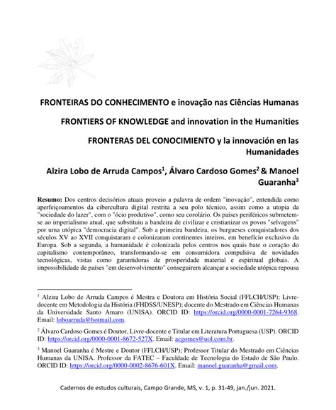 Pdf Fronteiras Do Conhecimento E InovaÇÃo Nas CiÊncias Humanas