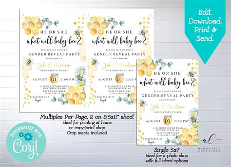 Honey Bee Gender Reveal Party Printable Invitation Edit Etsy