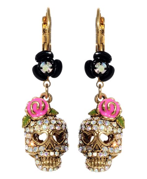 Betsey Johnson Crystal Skull And Flower Drop Earrings Jewelry