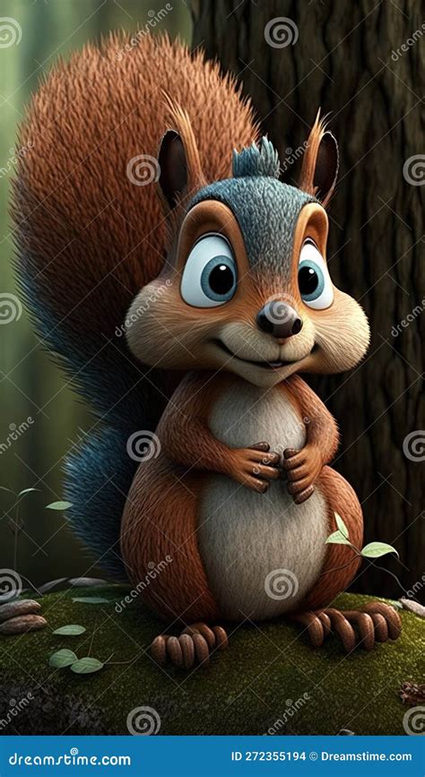 A Cartoon Squirrel With Big Eyes Sitting On A Mossy Log Stock