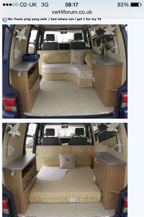 Two Pictures Of The Back And Side Of A Van With Its Bed Pulled Up To It