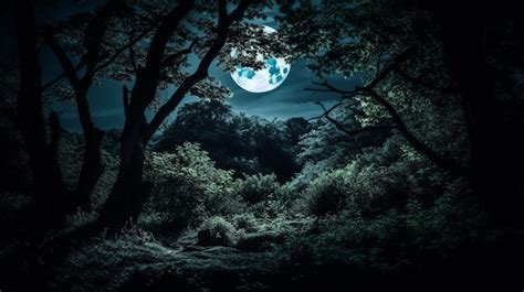 La Luna Llena Brilla Sobre Un Bosque Por La Noche Foto Premium