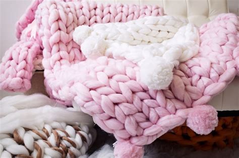 Chunky Knit Merino Wool Blanket With Pom Poms Merino Wool Etsy