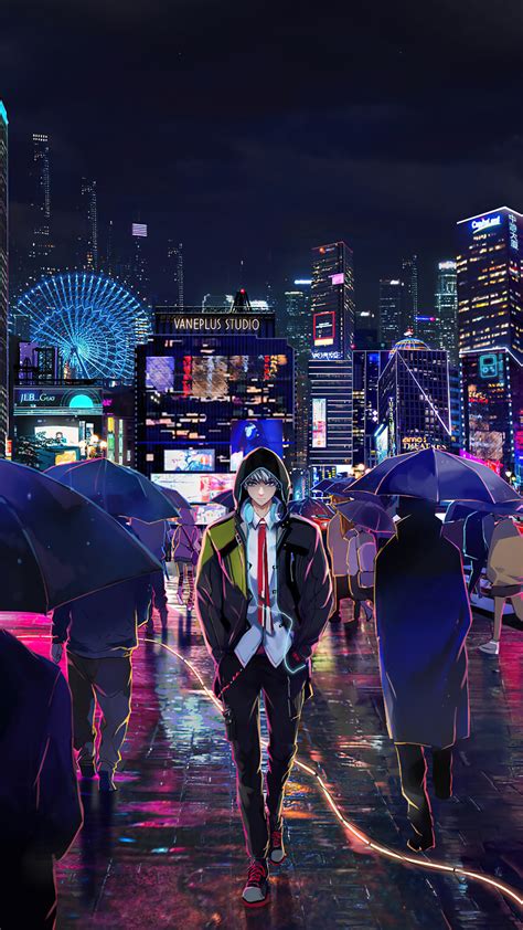 Night City Anime Boy Walking 4K #1280f Wallpaper PC Desktop