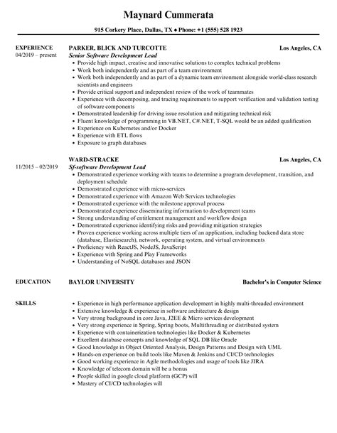 Software Development Lead Resume Samples Velvet Jobs