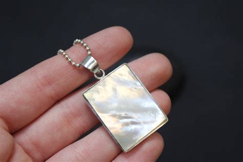 Sterling Silver Rectangular Mother Of Pearl Pendant On Long Ball Chain