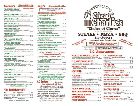 Menu at Cheap Charlie's steakhouse, Fort Gratiot Township